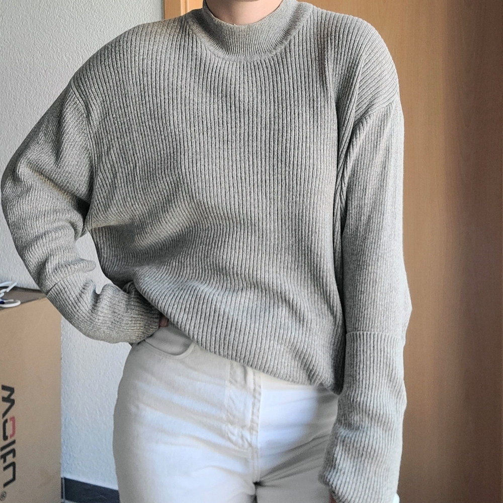 Perry Ellis Oatmeal Ribbed Knit Silk/Cotton Long Sleeve Mock Neck Sweater - XL - Picture 5 of 16